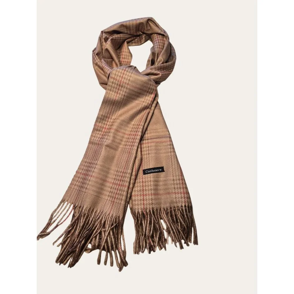 Luxurious Cashmere Tan Plaid Scarf With Fringe Trim For Men & Women